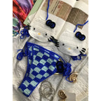Hand-Crafted Crochet Halter Bikini Set with Whimsical Feline and Checkerboard Details