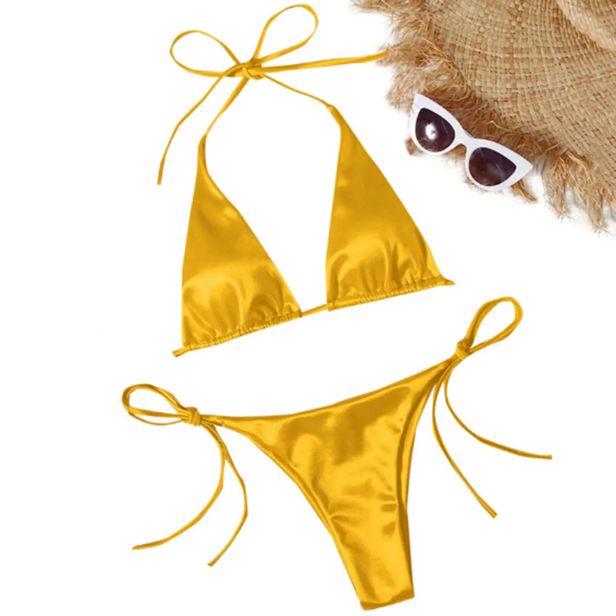 Metallic Satin Halter Bikini Set with High-Cut Bottom, Brazilian-Inspired Silhouette and Shimmering Beachwear Finish