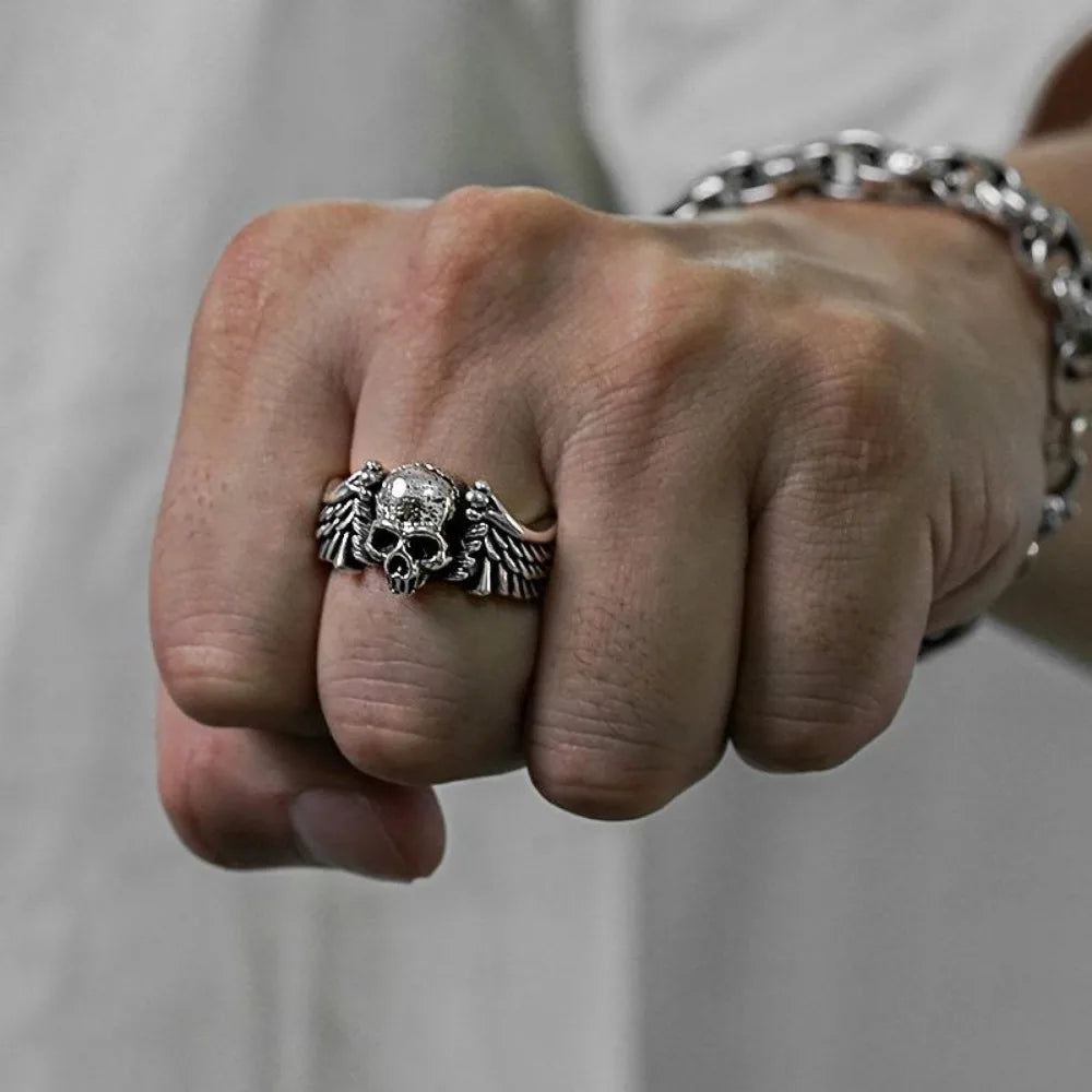 Winged Skull Statement Ring for Gothic Punk and Alternative Fashion