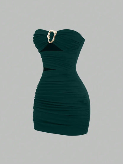 Strapless Ruched Bodycon Mini Dress with Metallic Accent Contemporary Silhouette