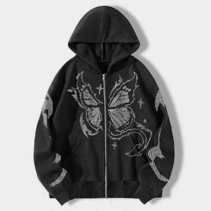 Oversized Butterfly Graphic Zip Hoodie with Contemporary Streetwear Style