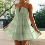 Soft Peach Tiered Ruffle Mini Dress with Halter Tie Neckline