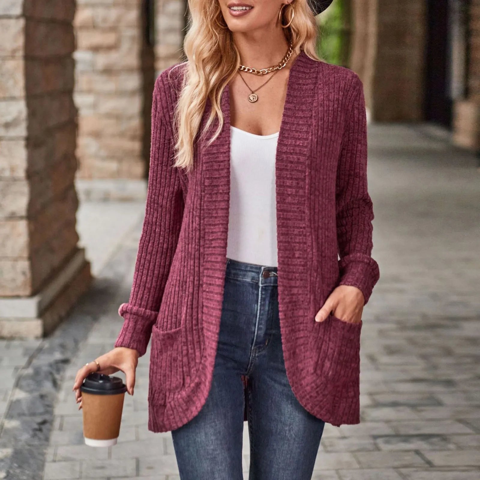 Women's Open Front Crochet Knit Cardigan with Relaxed Long Sleeve Silhouette