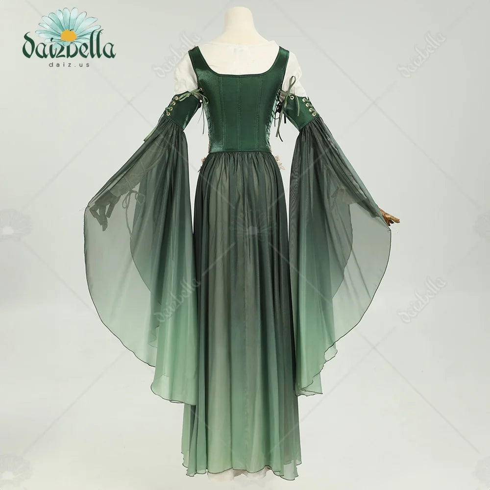 Women's Medieval-Inspired Chiffon Maxi Dress with Flowing Sleeves and Layered Skirt Design
