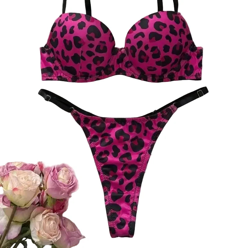 Vibrant Pink Leopard Print Push-Up Bra and Strappy Thong Set