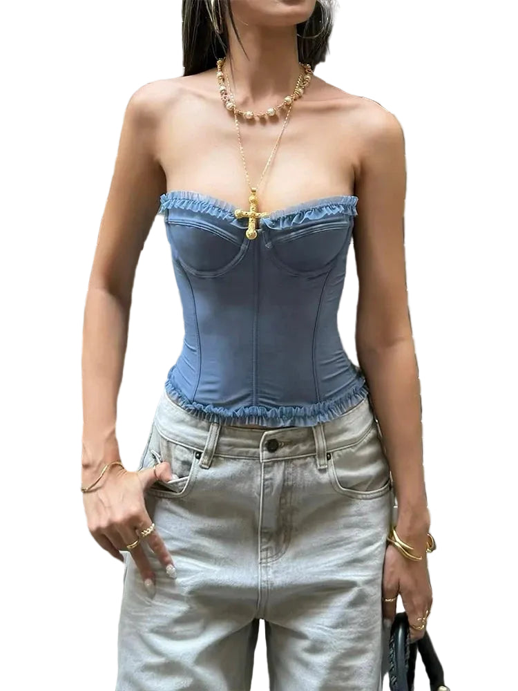 Strapless Corset Crop Top with Structured Seam Detail and Slim Fit Streetwear Style