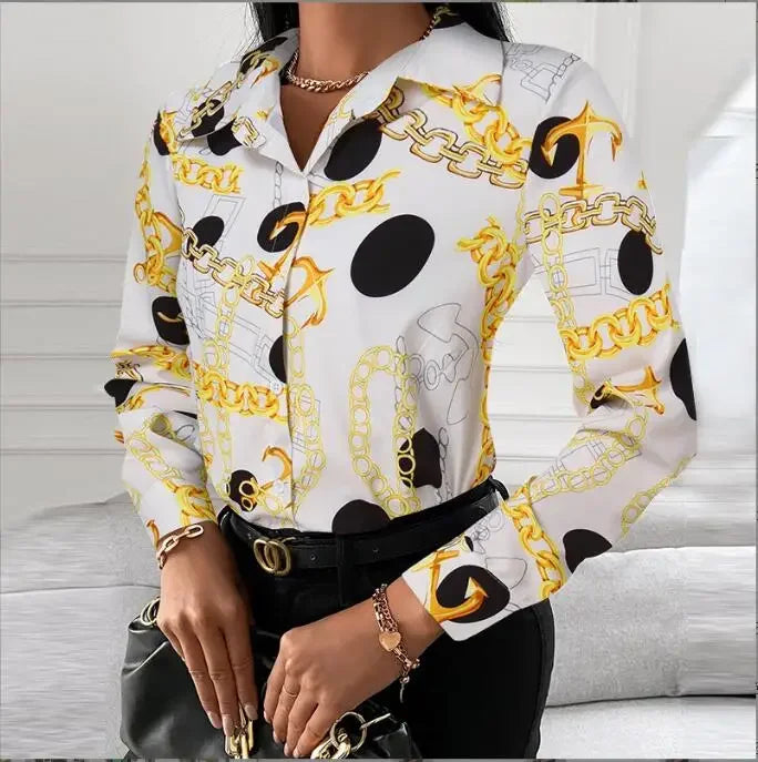 Bold Baroque Chain Print Slim-Fit Button-Down Blouse