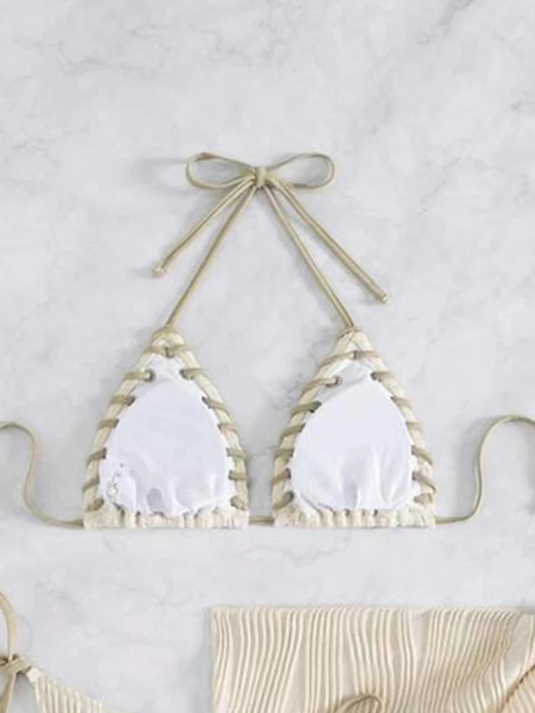 Textured Cream Three-Piece String Bikini Set with Woven Scalloped Trim