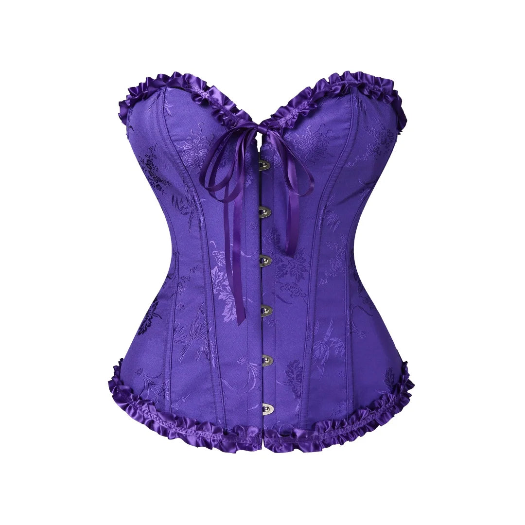 Jacquard Overbust Corset with Ruffled Trim, Structured Boning and Lace-Up Back