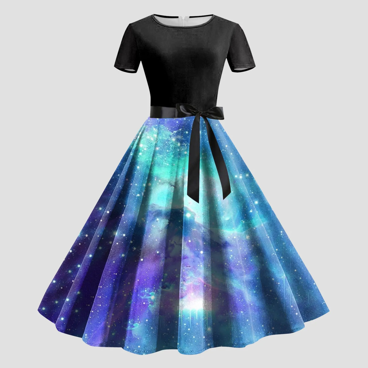 Cosmic Galaxy Print A-Line Swing Dress with Black Bodice and Waist Tie