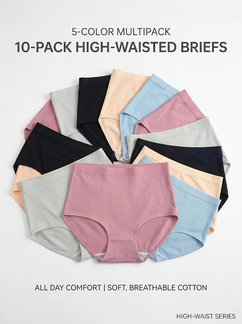 10-Pack Classic Mid-Rise Brief Panties in Assorted Solid Colors