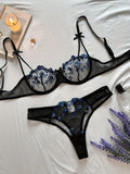 Vibrant Floral Rose Embroidery Sheer Underwire Lingerie Set