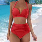 Floral Print Halter Tankini Bikini Set with High-Waisted Bottom, Ruched Front and Conservative Two-Piece Swimwear Silhouette