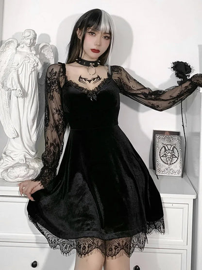 Velvet Gothic Skater Dress with Lace Sleeves and Dark Romantic Style