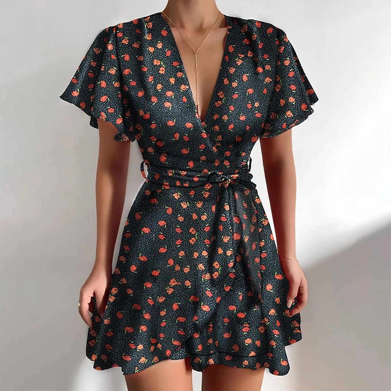 Flutter Sleeve Floral Wrap Style Mini Dress for Vacation and Everyday Wear