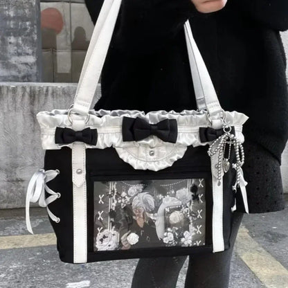 Decorative Window Tote Shoulder Bag with Utility Pocket Styling