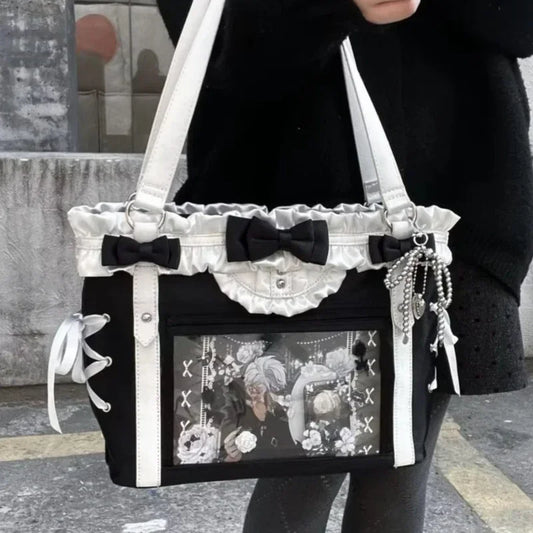 Decorative Window Tote Shoulder Bag with Utility Pocket Styling