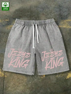 Men's Vintage Washed Cotton Shorts with Typography Graphic and Drawstring Relaxed Streetwear Fit
