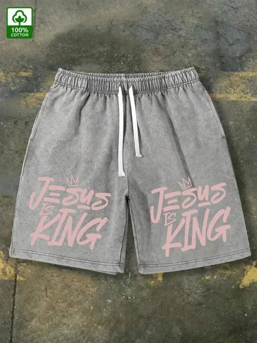 Men's Vintage Washed Cotton Shorts with Typography Graphic and Drawstring Relaxed Streetwear Fit