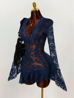 Sheer Lace Mini Dress with V-Neckline and Flared Sleeve Party Style