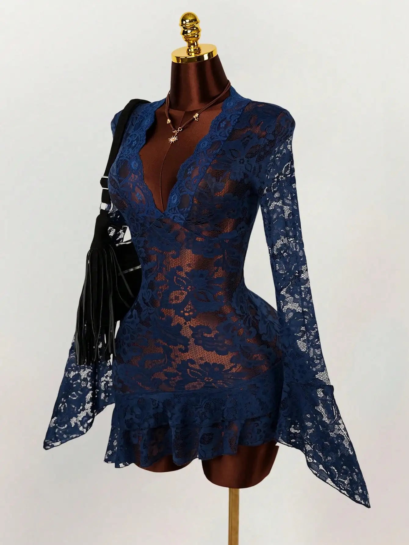 Sheer Lace Mini Dress with V-Neckline and Flared Sleeve Party Style