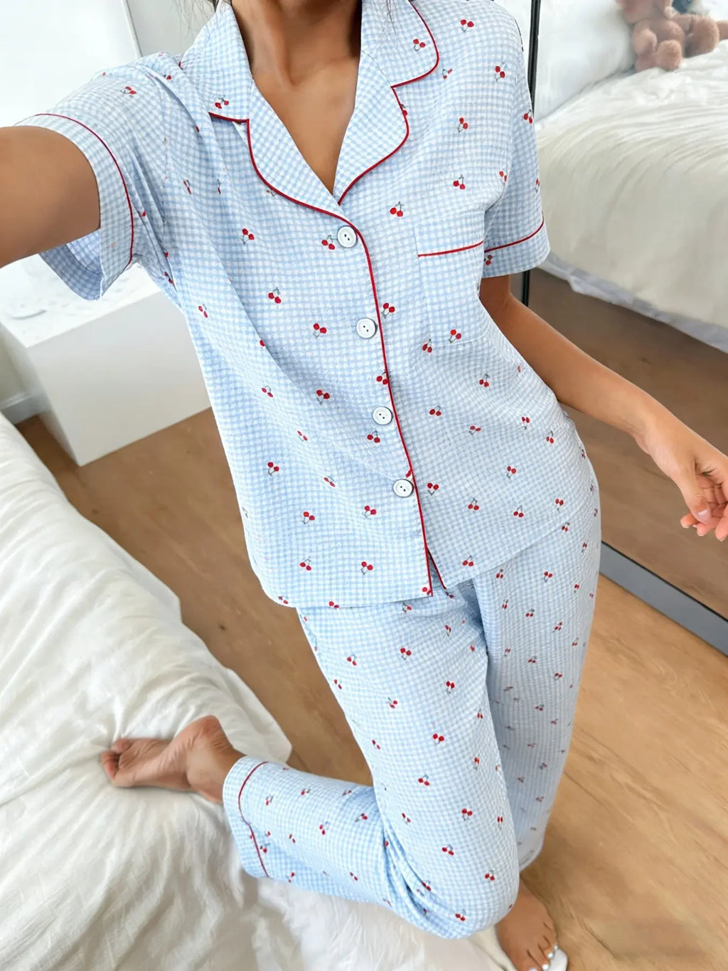 Relaxed-Fit Grid and Cherry Print Two-Piece Pajama Set with Contrast Piping