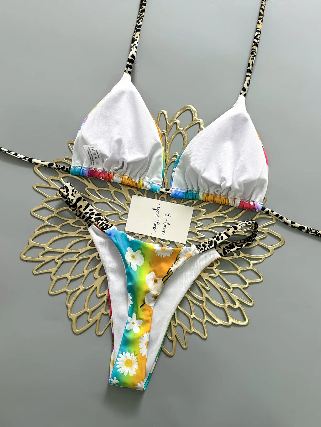 Vibrant Rainbow Daisy Print Triangle Bikini with Contrast Spotted Straps