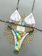 Vibrant Rainbow Daisy Print Triangle Bikini with Contrast Spotted Straps