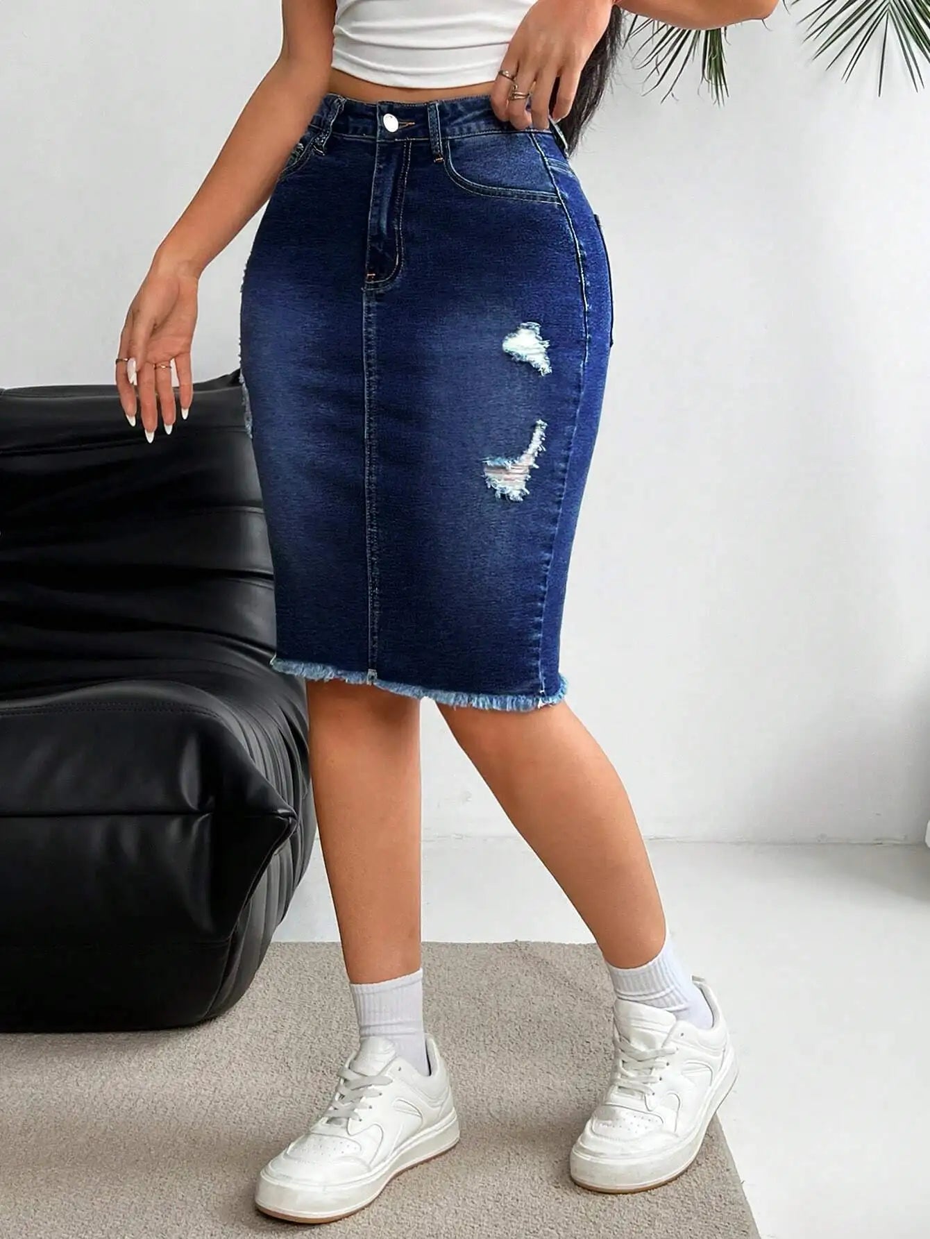 Distressed Stretch Denim Pencil Skirt with Frayed Hem Streetwear Styling