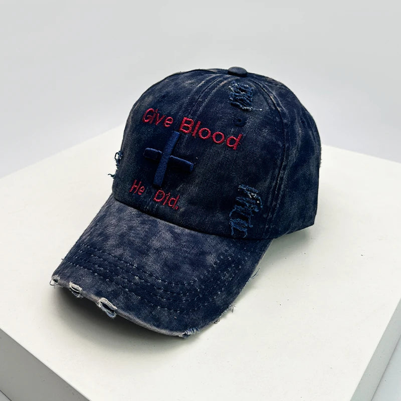 Vintage Embroidered Adjustable Cotton Baseball Cap with Distressed Finish for Casual Streetwear Fashion