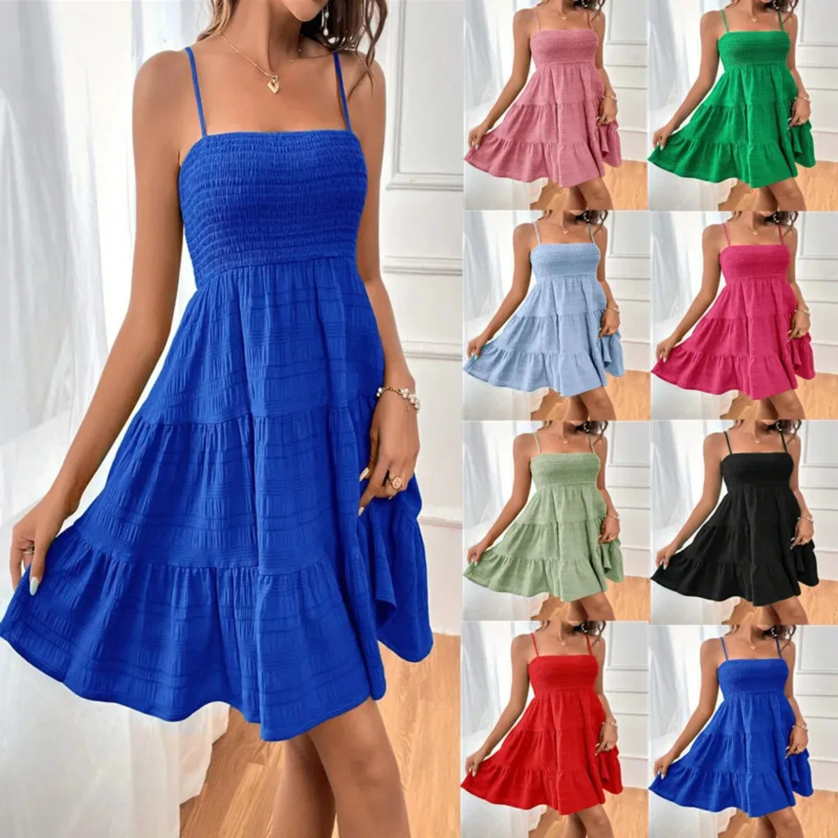 Smocked Bustier Mini Dress with Tiered Hem and Spaghetti Strap Design