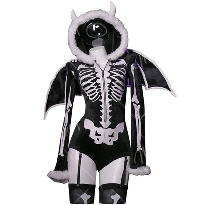 Women's Contemporary Graphic Print Hooded Bodysuit With Detachable Wings And Matching Layered Hosiery