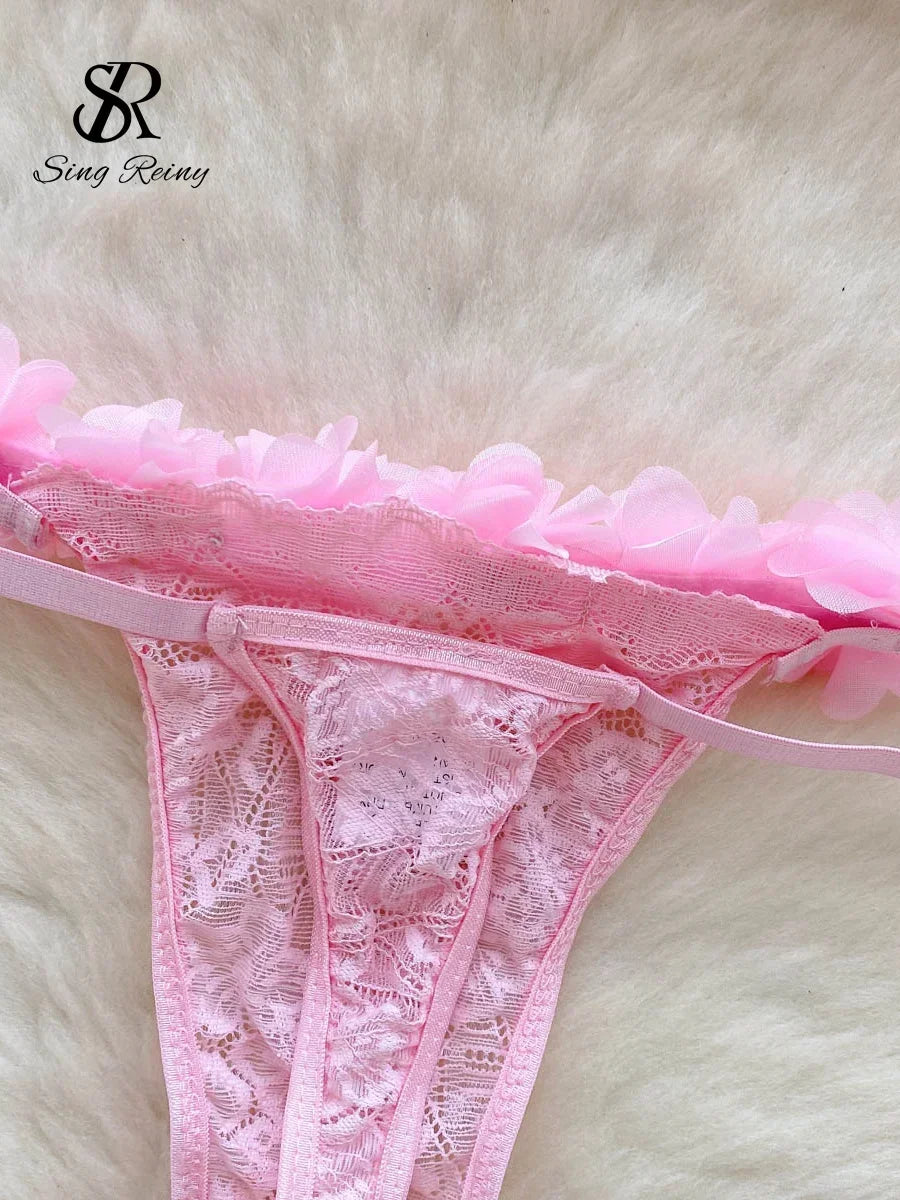 Romantic Light Pink Sheer Mesh and Tulle Ruffle Lingerie Set