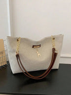 Dual Handle Canvas Tote Shoulder Bag with Chain Accent Detail