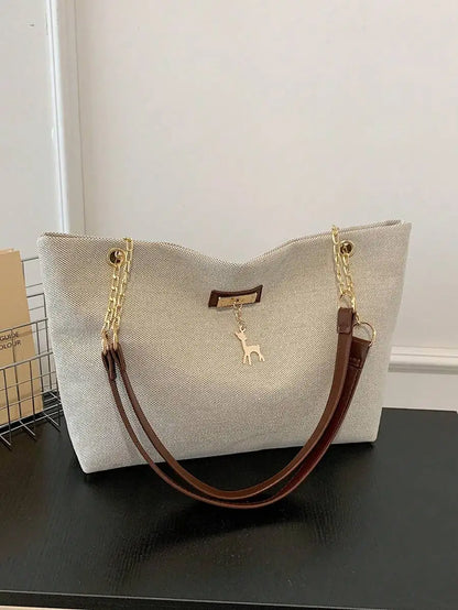 Dual Handle Canvas Tote Shoulder Bag with Chain Accent Detail