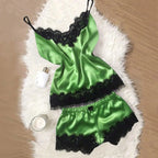 Contrasting Black Lace and Peach Satin-Finish Two-Piece Cami and Shorts Sleep Set