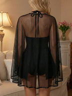 Dark Romance Strappy Black Mini Dress with Sheer Mesh Capelet