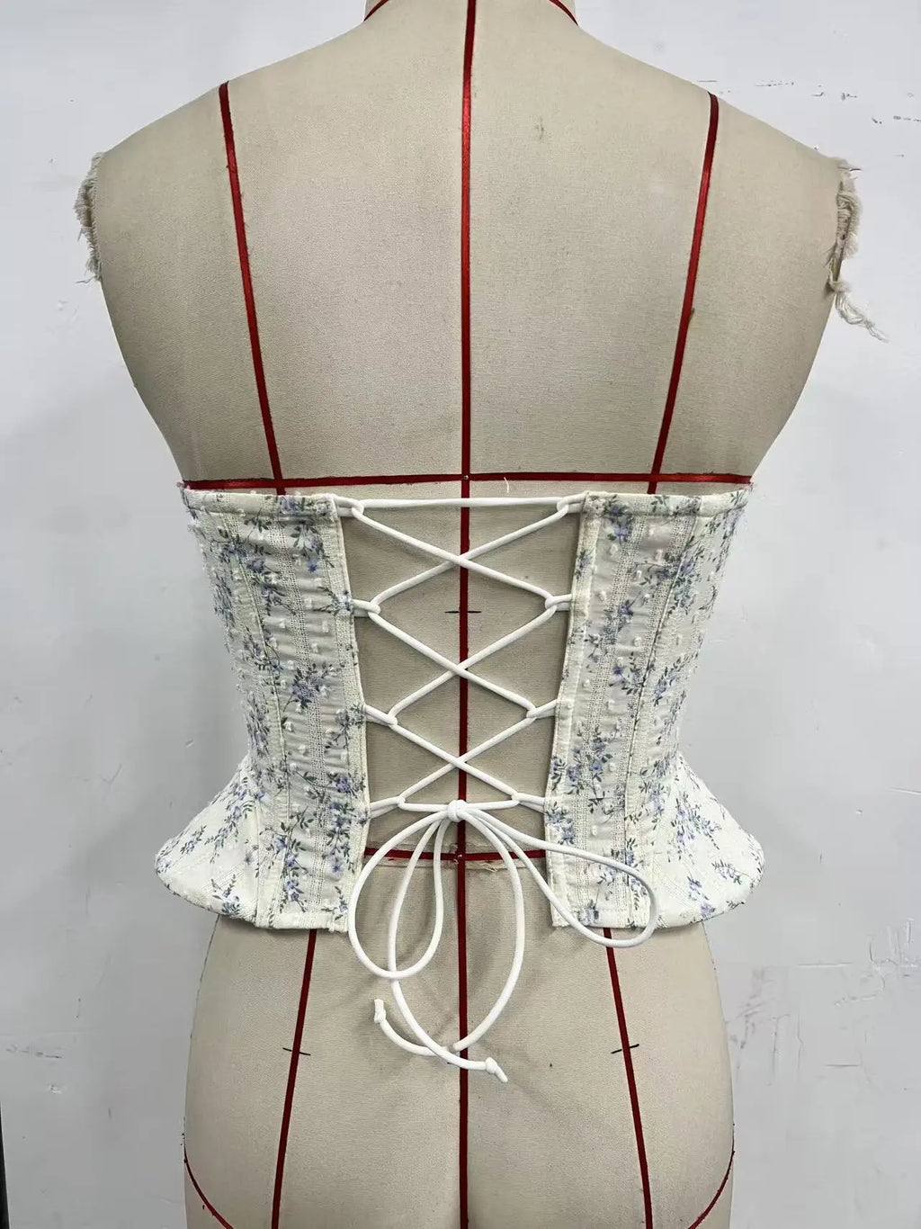 Delicate Blue and White Floral Strapless Corset with Scalloped Lace Trim