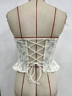 Delicate Blue and White Floral Strapless Corset with Scalloped Lace Trim