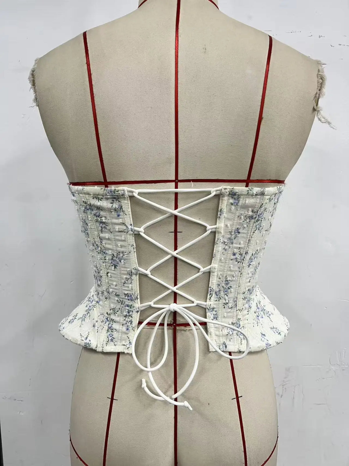Delicate Blue and White Floral Strapless Corset with Scalloped Lace Trim