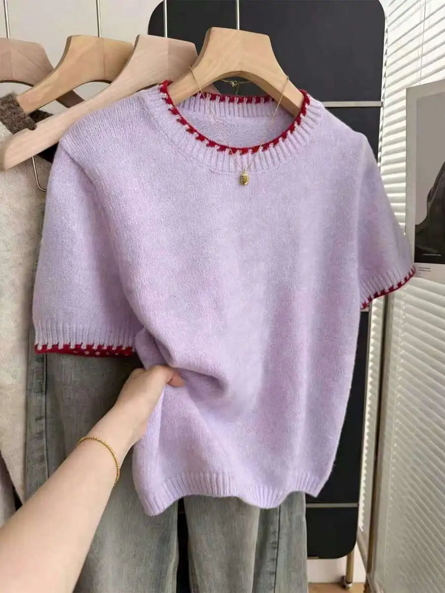 Women's Contrast Trim Short Sleeve Knit Sweater with Relaxed Retro Cropped Silhouette