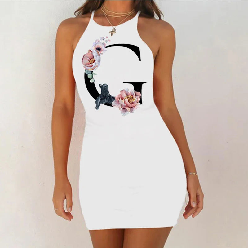 White Sleeveless Mini Nightgown with Bold Black Letter and Graphic Print, Slim Silhouette and Above-Knee Length