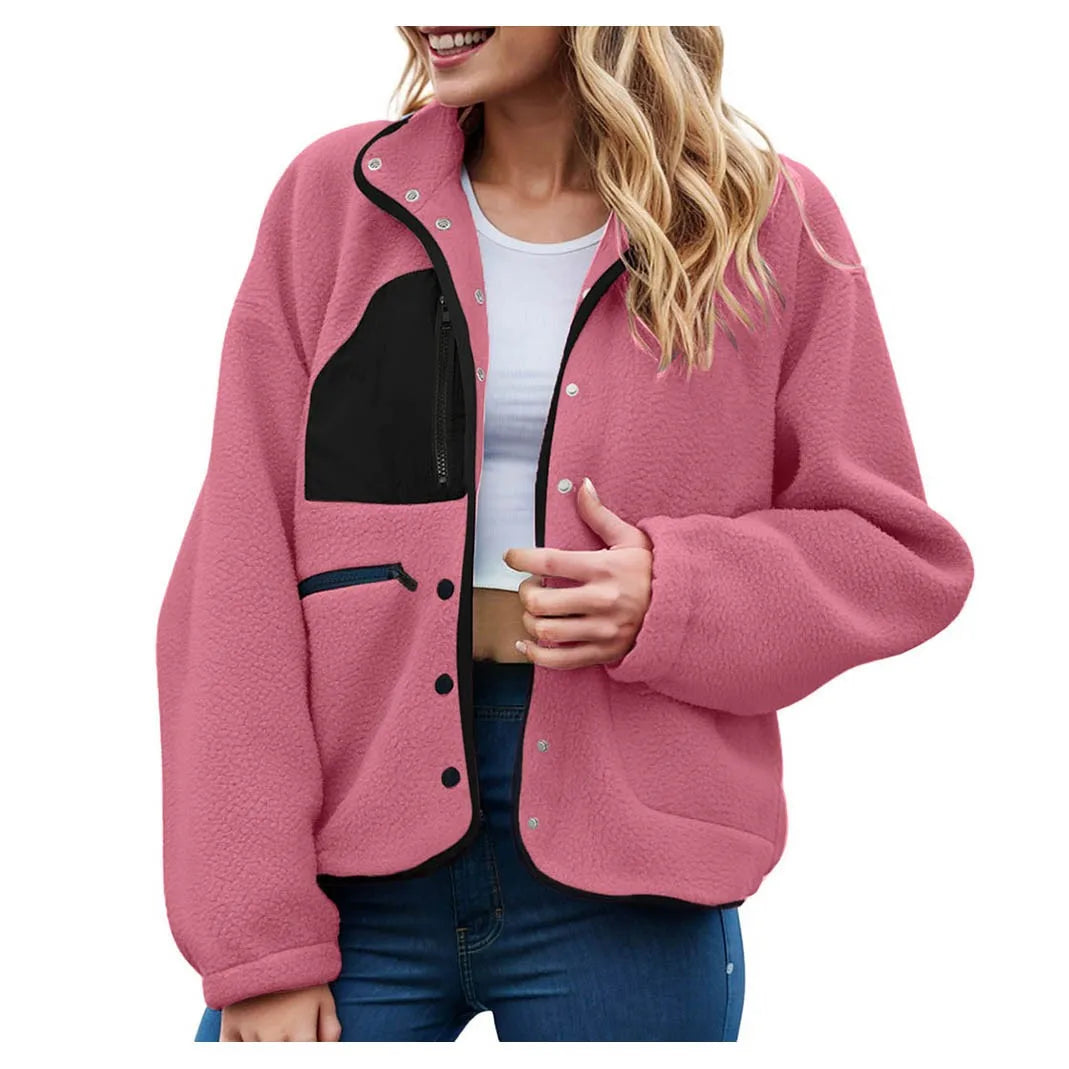 Women's Cropped Teddy Fleece Button Front Jacket Cozy Casual Everyday Layering Outerwear