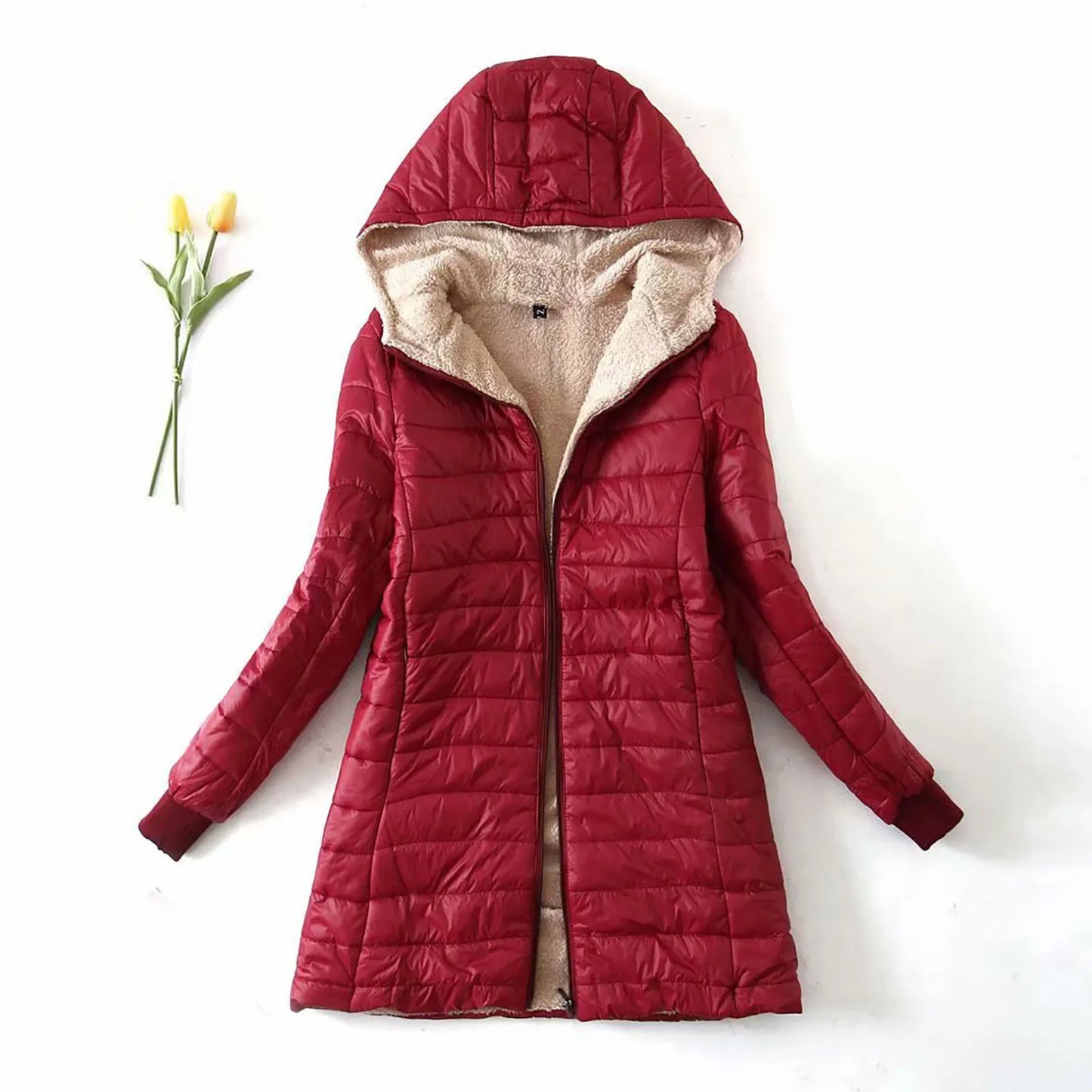 Women's Hooded Quilted Fleece Lined Zip Jacket for Warm Everyday Streetwear Layering