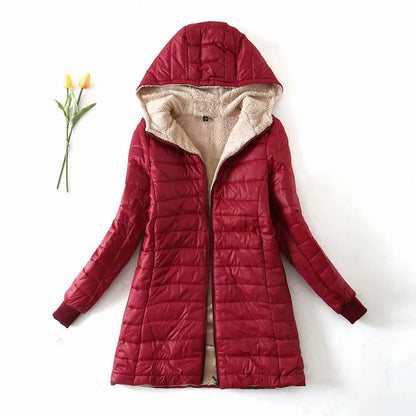 Women's Hooded Quilted Fleece Lined Zip Jacket for Warm Everyday Streetwear Layering