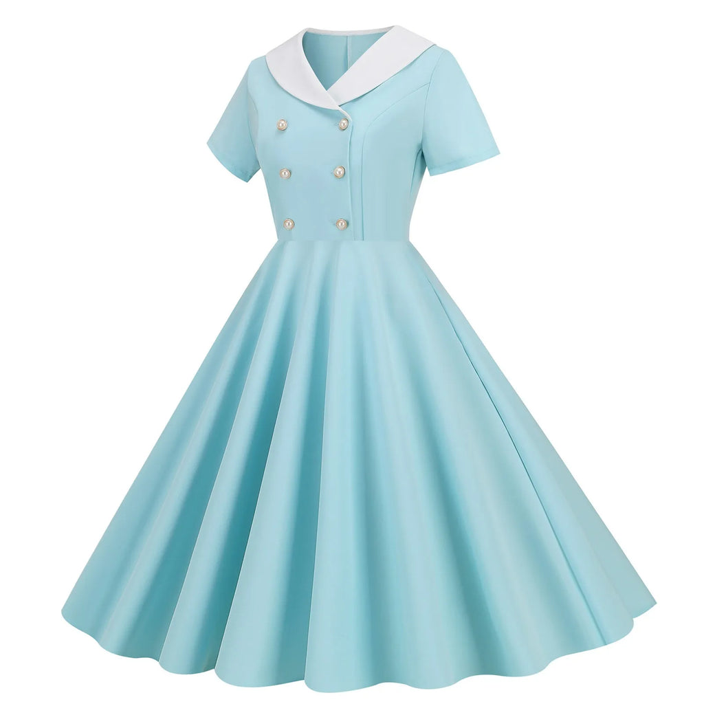 Vintage-Inspired Yellow Swing Dress with Contrast Collar and Decorative Buttons