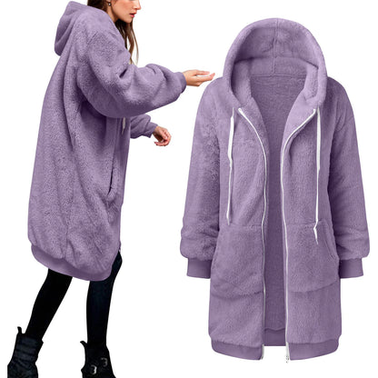 Women's Oversized Hooded Plush Fleece Zip Jacket for Cozy Streetwear Layering