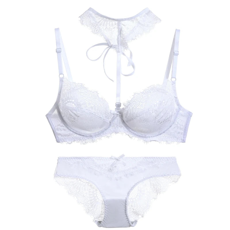 Ethereal Beige Sheer Mesh Underwire Bra Set with Lace Halter Accent