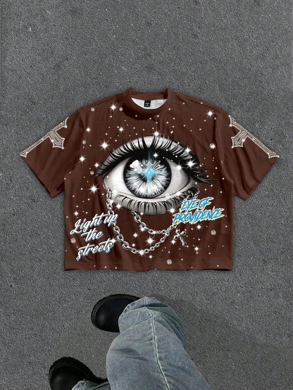 Graphic Eye Crop Tee with Cosmic Artwork and Boxy Streetwear Silhouette