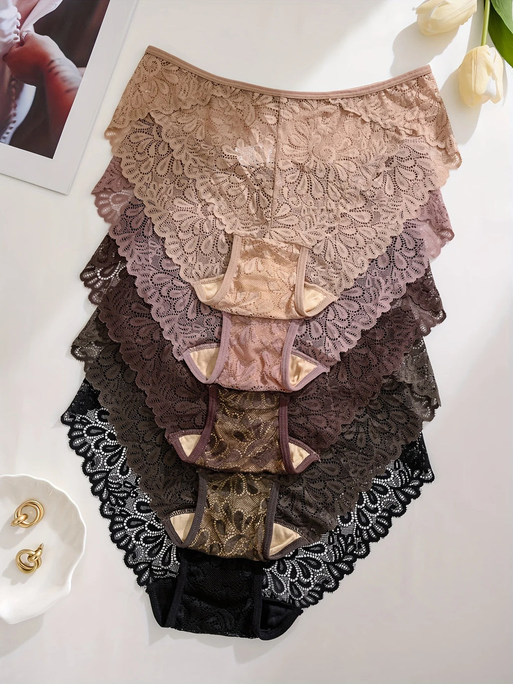 5-Piece Women’s Lace Mid-Rise Briefs Set with Openwork Detailing, Soft Stretch Silhouette and Assorted Feminine Colors